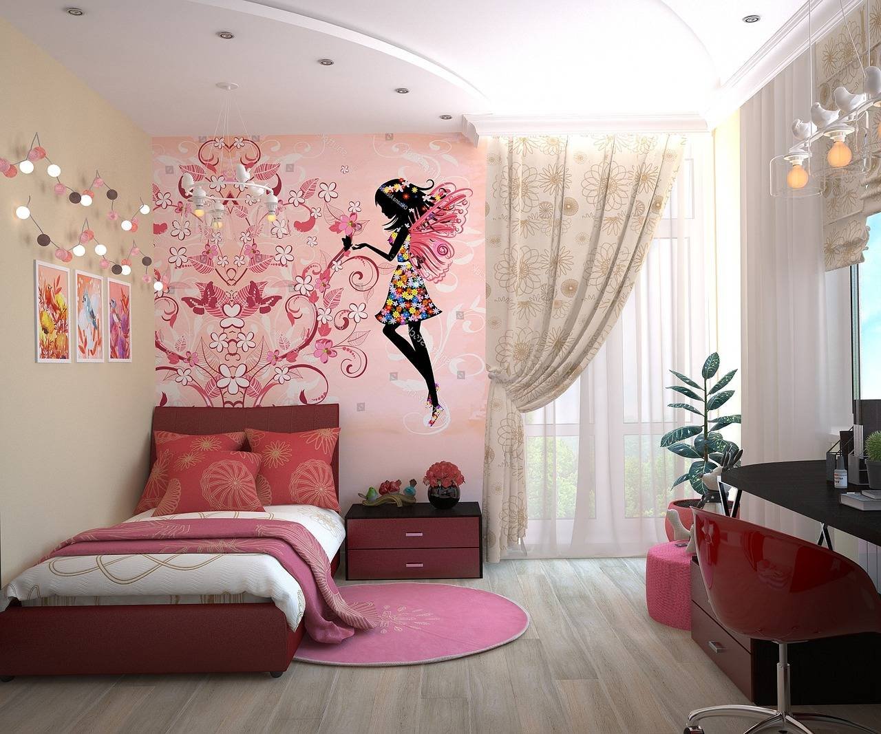 quarto para meninas com uma fada rosa na parede