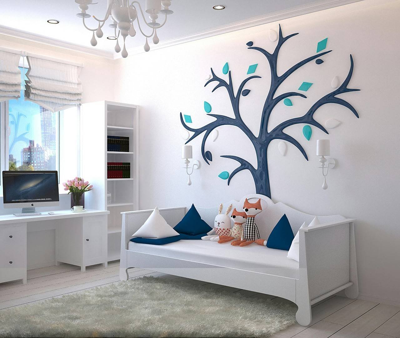 Decoração neutra de quarto de criança com berço-cama branco, almofadas coloridas e desenho de árvore na parede