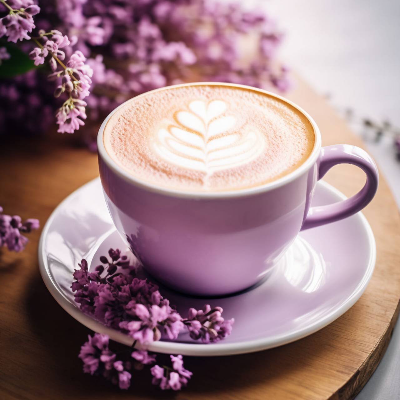 xicara branca de café com desenho de violleta em cima
