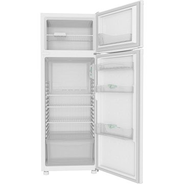 A imagem mostra uma geladeira com um compartimento superior e um compartimento inferior e um painel preto do lado direito do refrigerador.