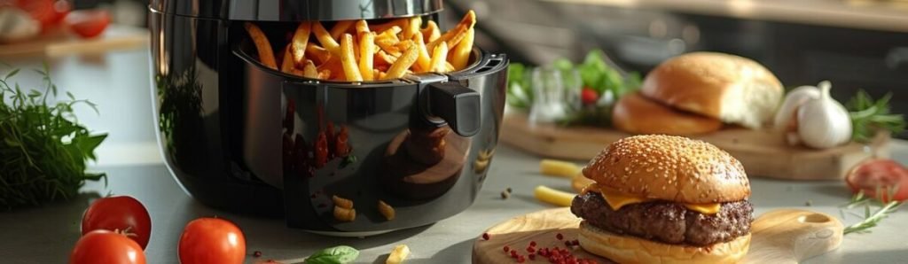 Air fryer com batatas fritas e hambúrguer suculento