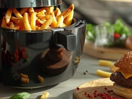 Air fryer com batatas fritas e hambúrguer suculento
