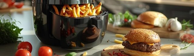 Air fryer com batatas fritas e hambúrguer suculento