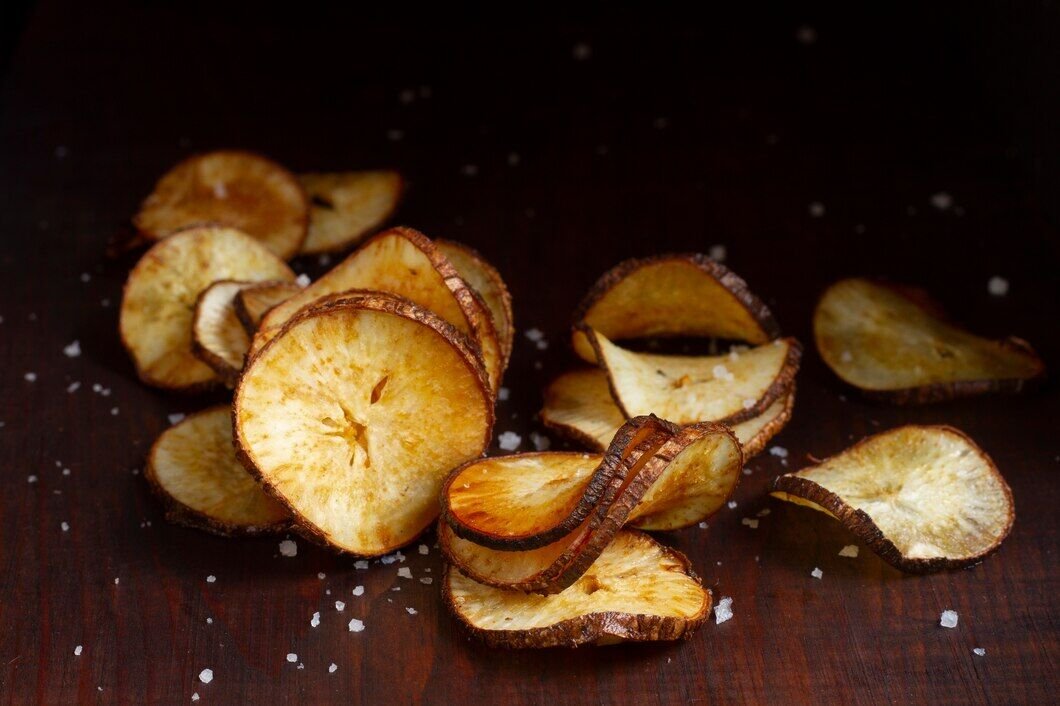 Fatias crocantes de batata doce sobre mesa de madeira