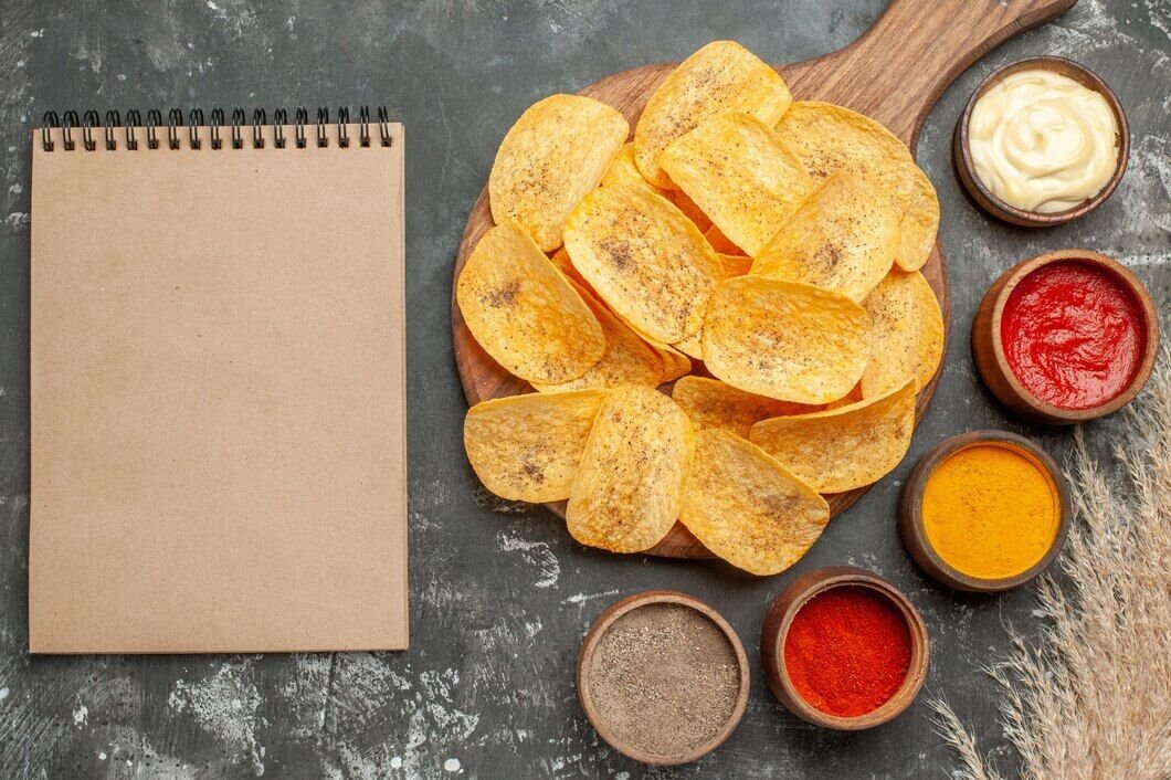 Prato de chips, condimentos e bloco de notas ao lado.