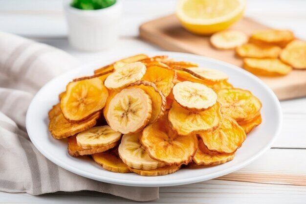 Prato com chips de banana crocantes e amarelas