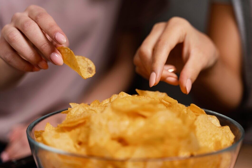 Pessoas pegando batatas fritas de um prato.