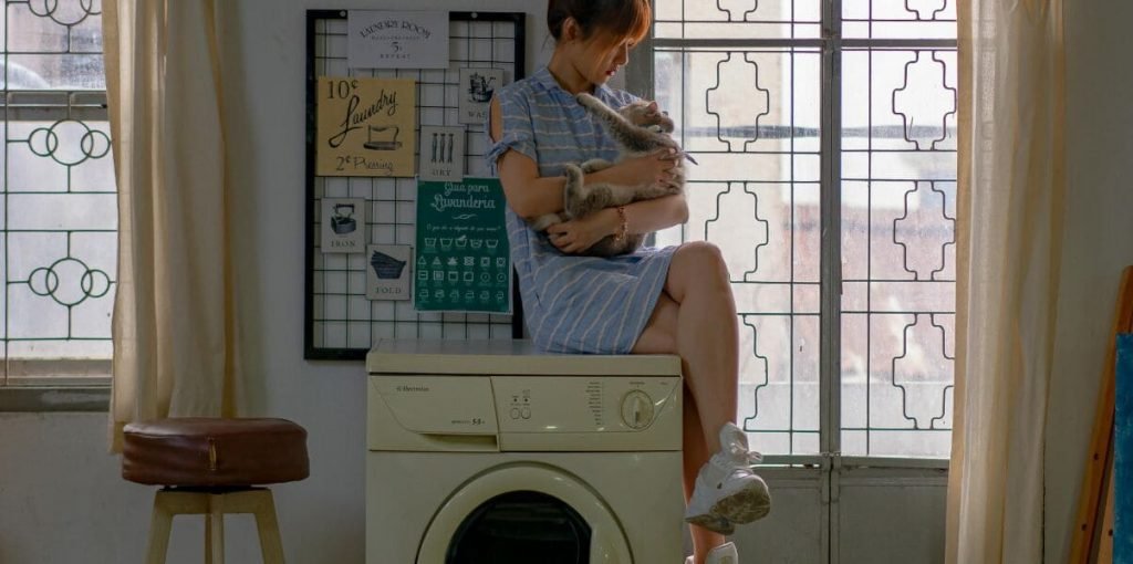 10 Mulher segurando gato ao lado de máquina de lavar