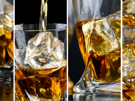 Montagem com imagens de diferentes ângulos de copo com gelo e whisky