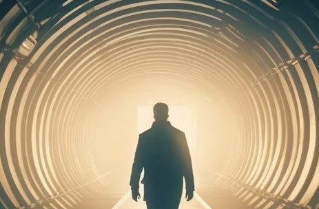 Homem em um túnel com luzes de led