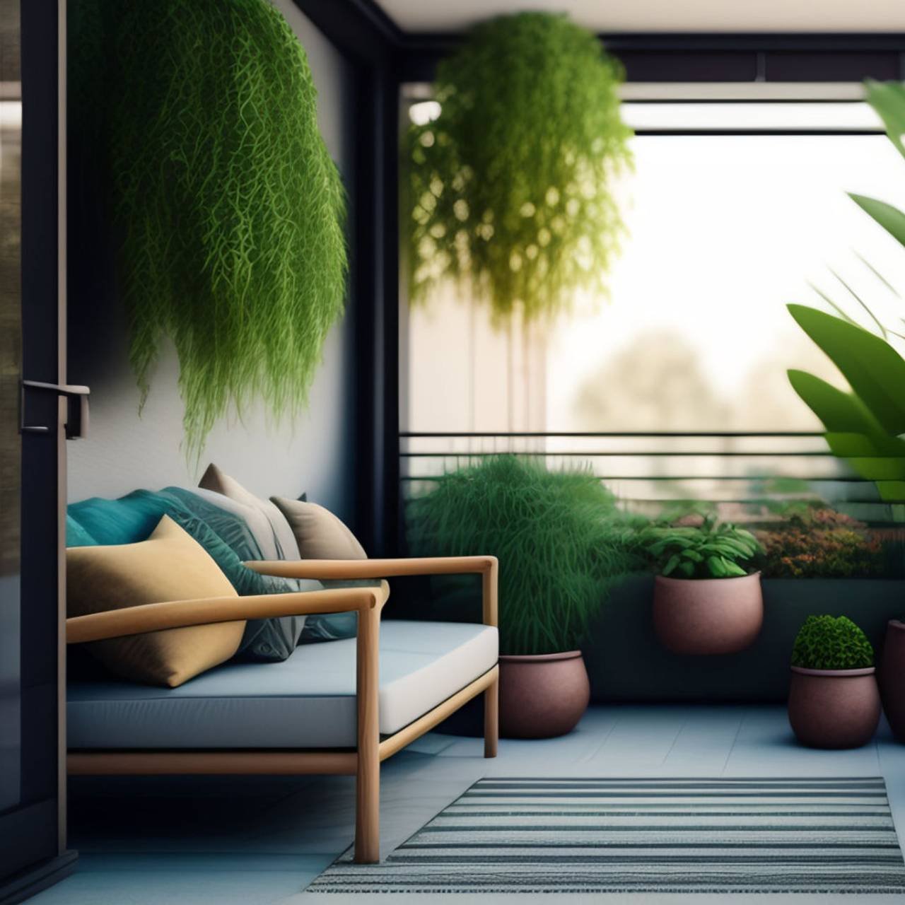 balcony with plants couch with pillow it