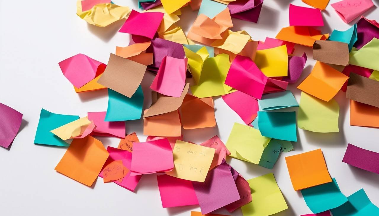 pilha bagunçada de notas adesivas coloridas