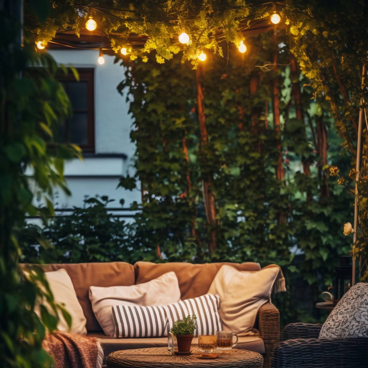 mobilia de patio rustica no deck da casa com vegetacao