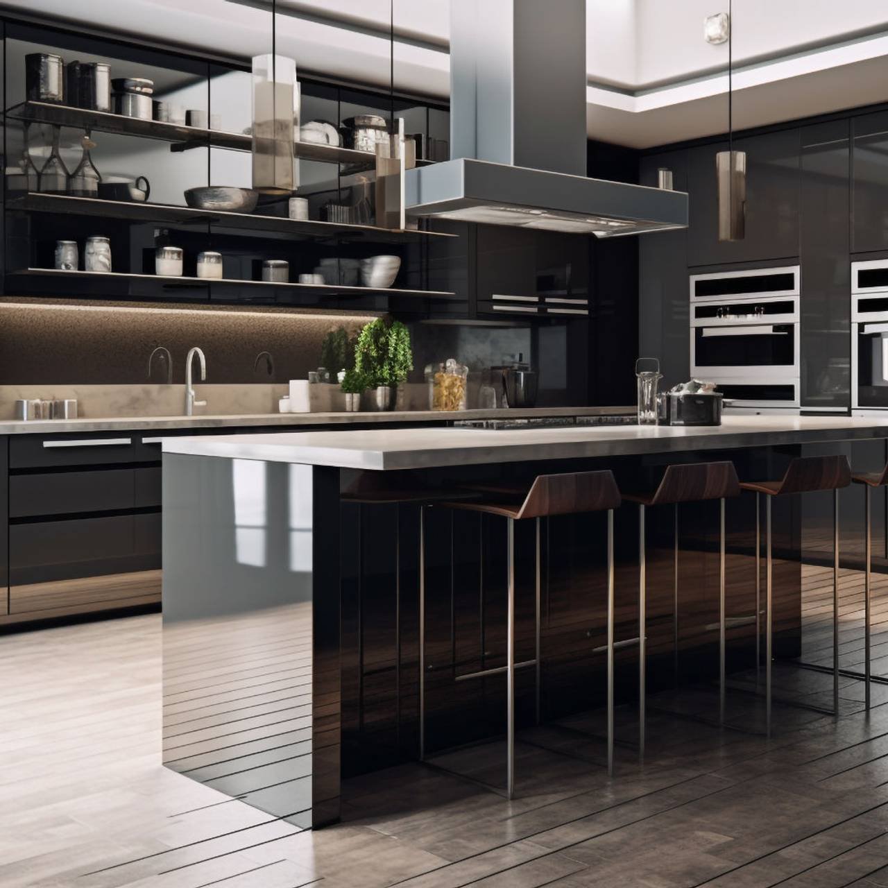 projeto de cozinha moderna com utensilios de aco inoxidavel e piso de marmore