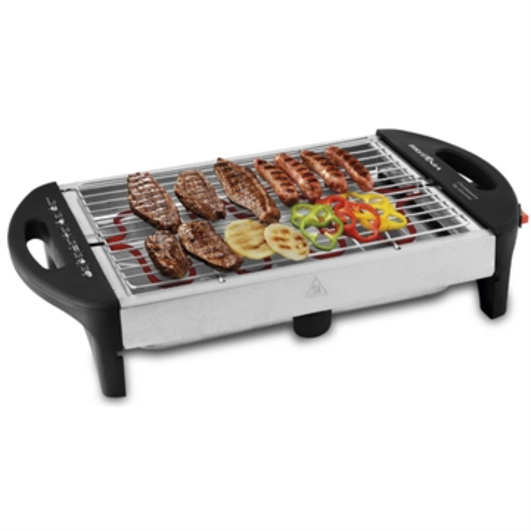 grill elétrico com carne e legumes fritando 