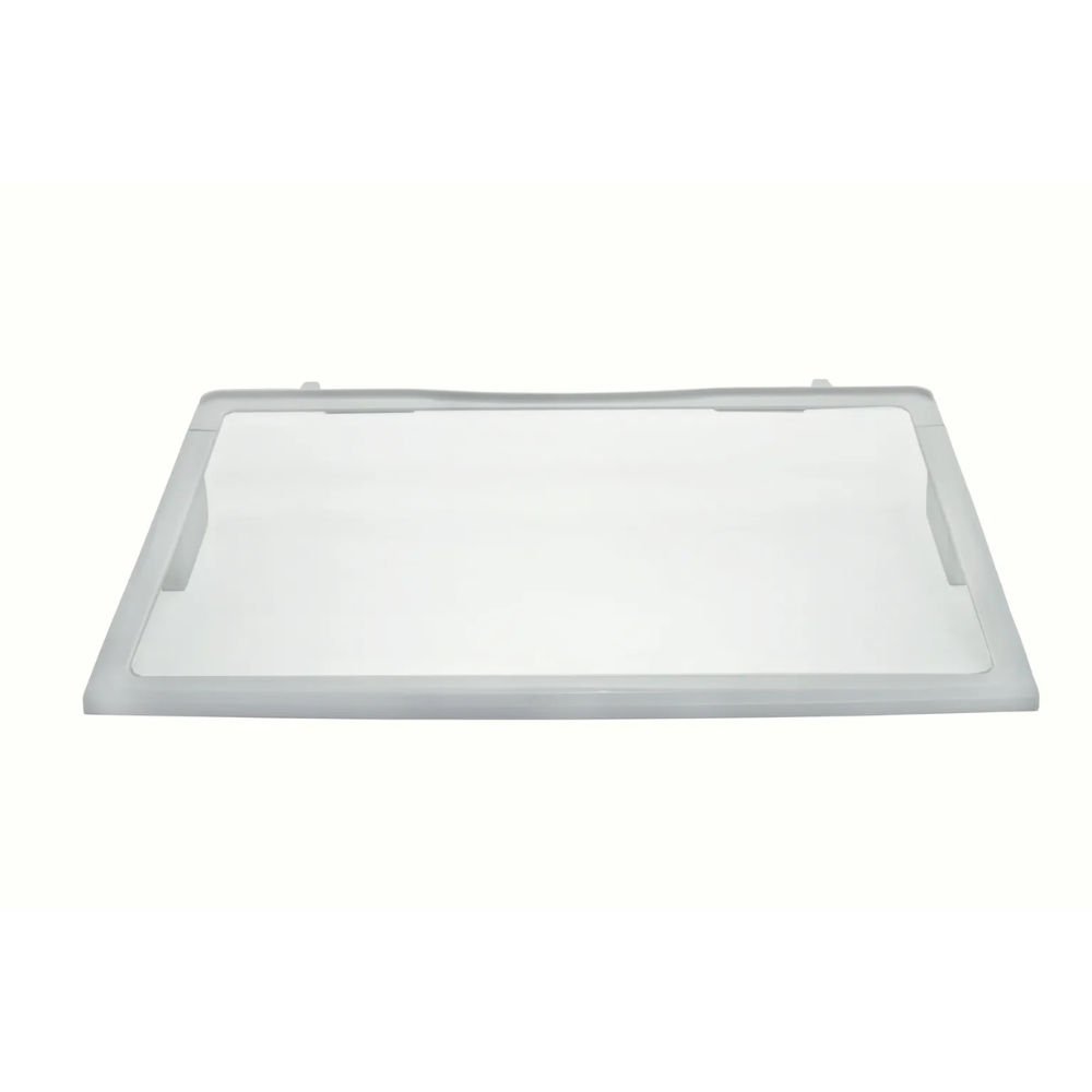 A imagem mostra uma prateleira transparente de geladeira.