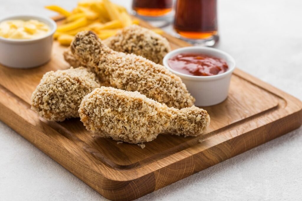 angulo alto de pernas de frango frito com molho e batatas fritas 23 2148646599 Deliciosas coxas de frango empanadas com batatas fritas.