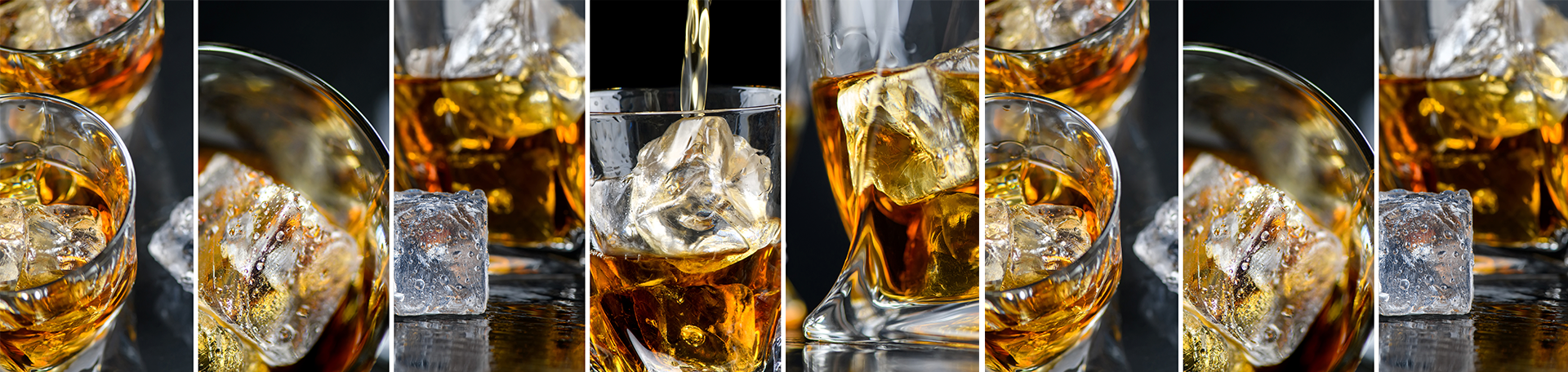 Montagem com imagens de diferentes ângulos de copo com gelo e whisky