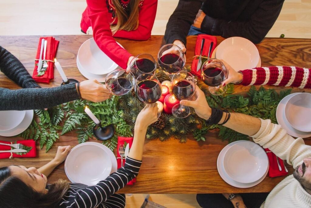 christmas dinner concept with wine