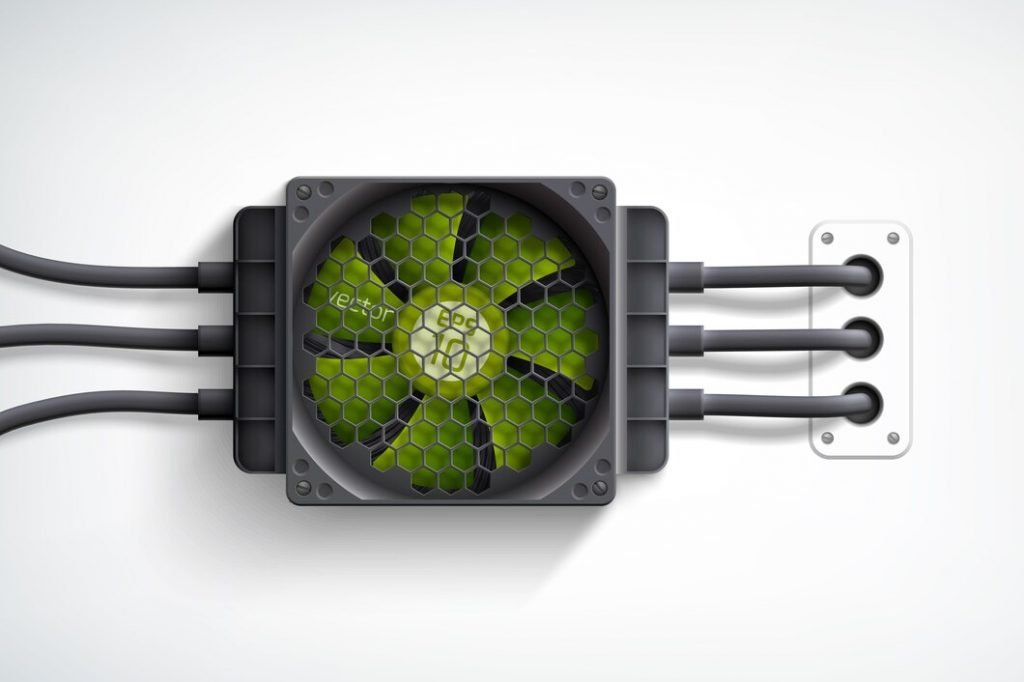 cooler de computador realista com conceito de design de ventilador verde em branco 1284 49188 Ventoinha de resfriamento moderna em design minimalista