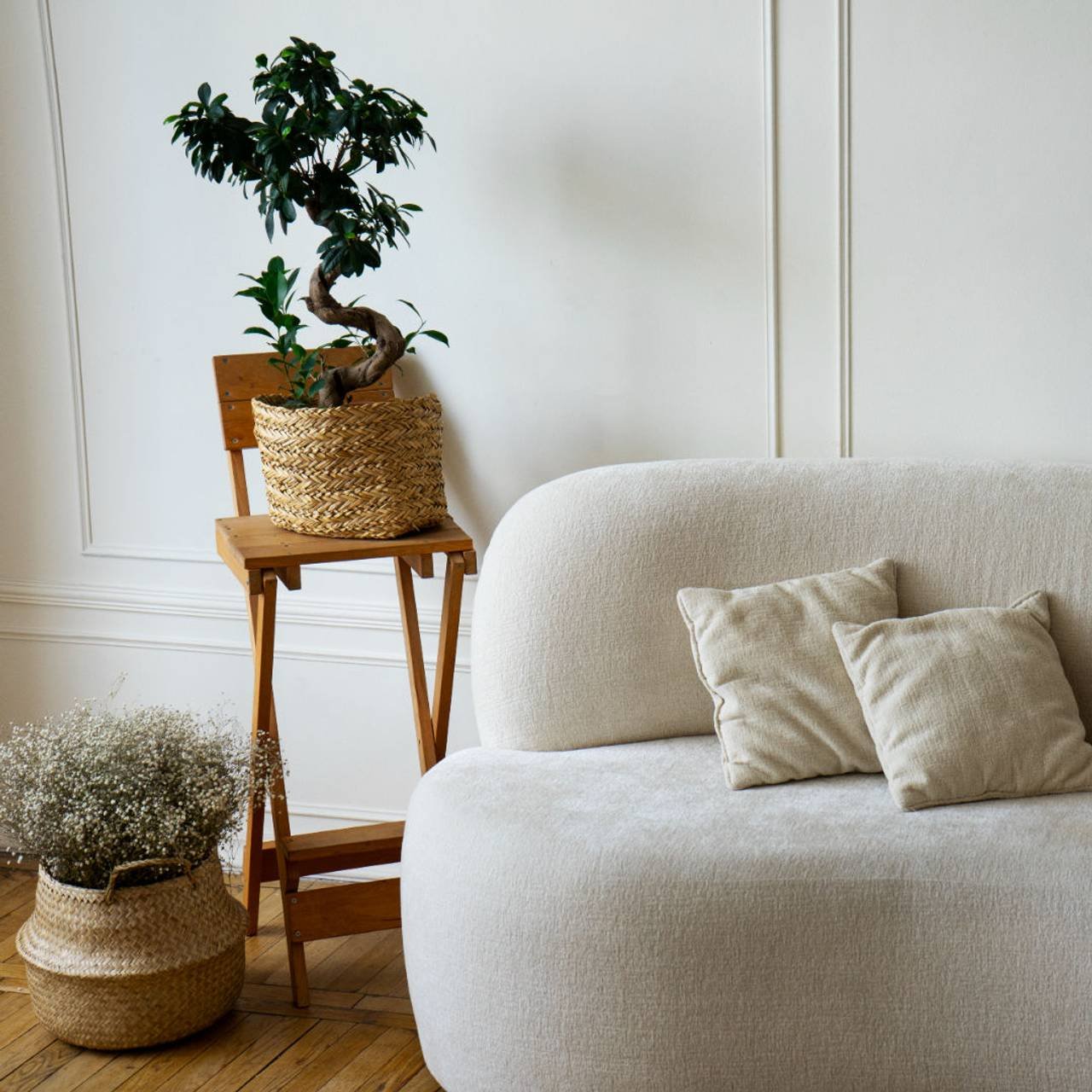 decoracao do quarto com vasos de plantas e sofa