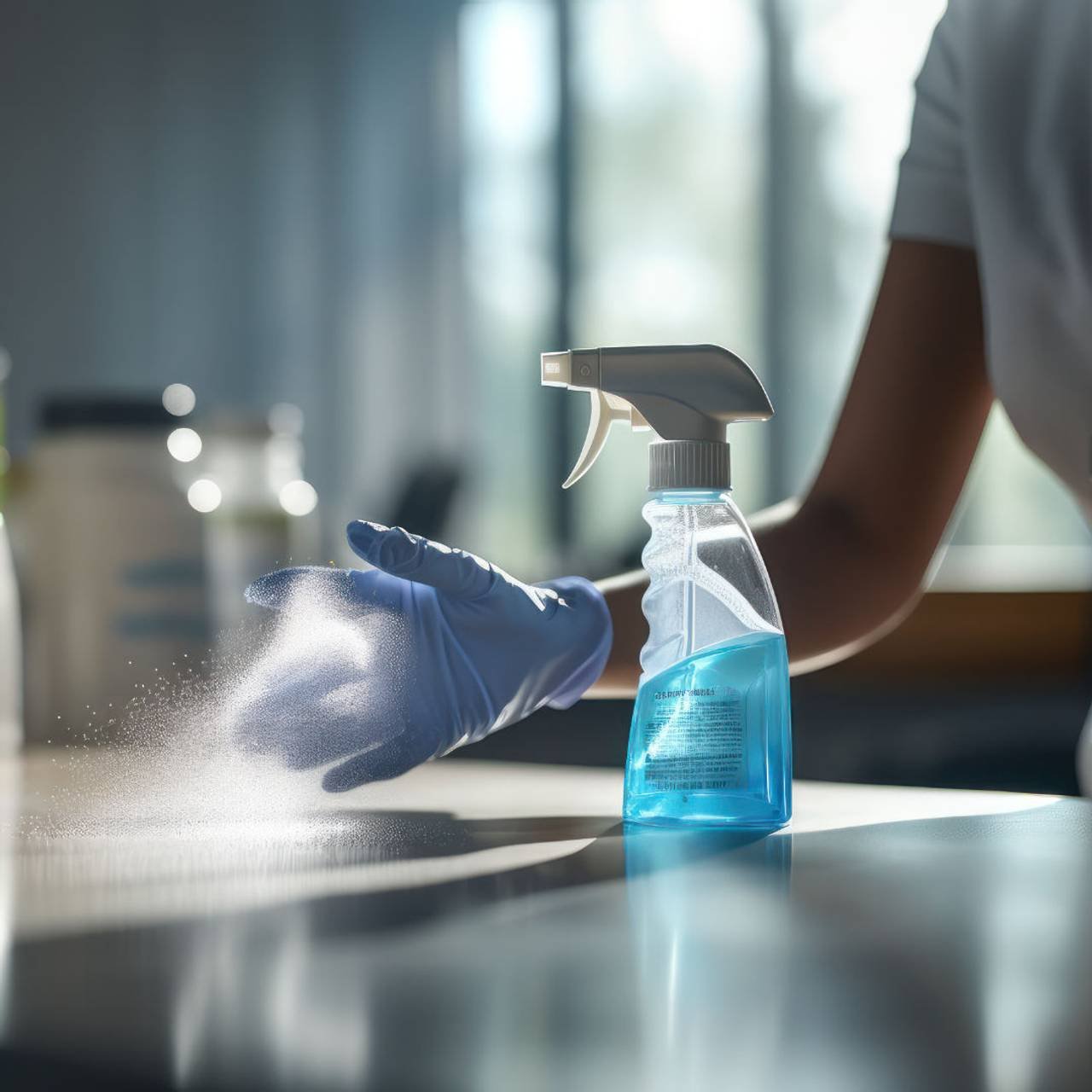 equipe de limpeza profissional higienizando uma mesa de escritorio com sprays e lencos umedecidos