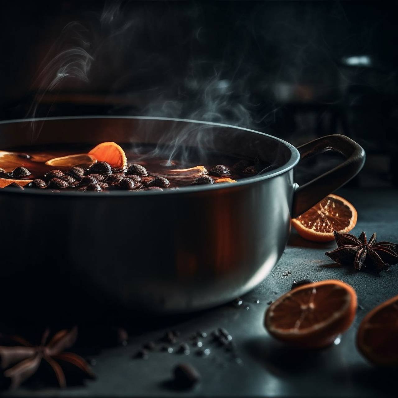uma panela com misturas de laranja cravo e vinho esquentando
