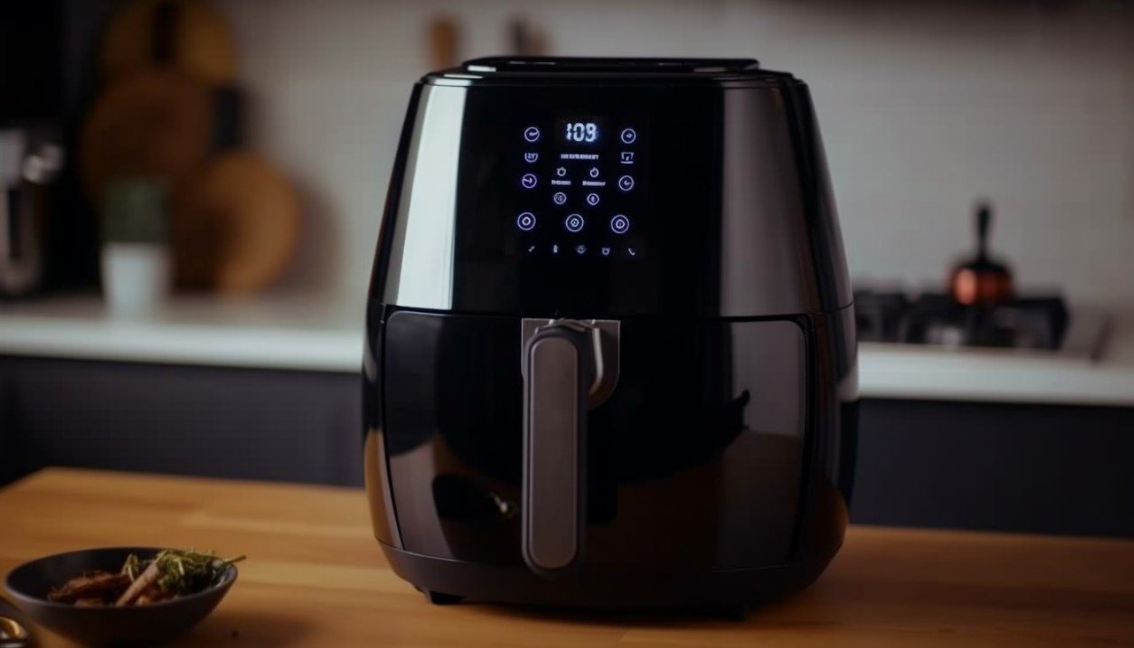 balcão de cozinha com uma airfryer preta em cima