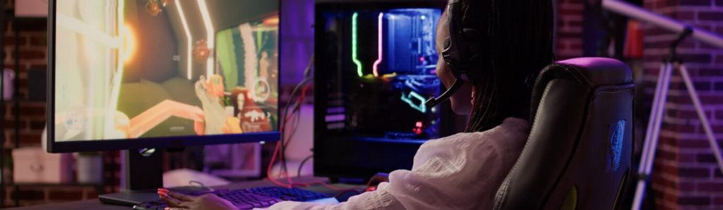 Pessoa jogando videogame em ambiente gamer