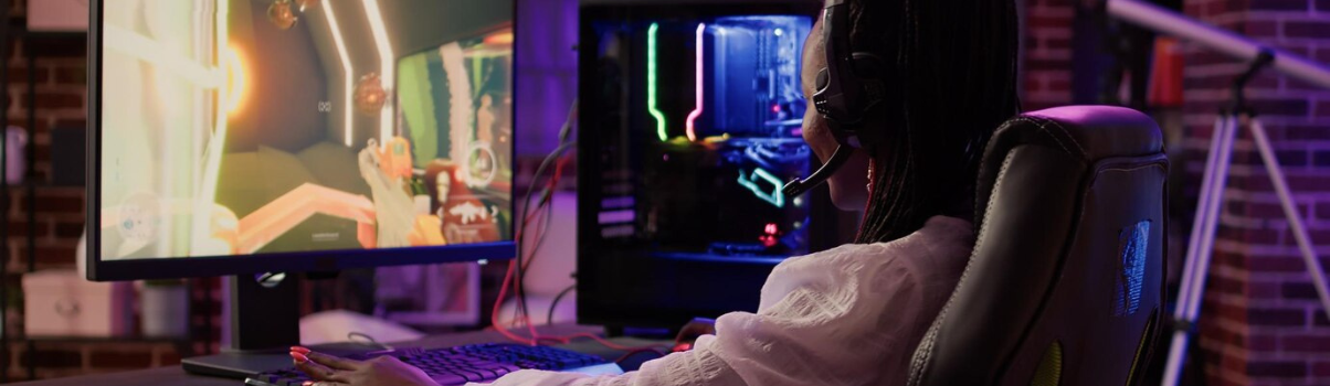 Pessoa jogando videogame em ambiente gamer