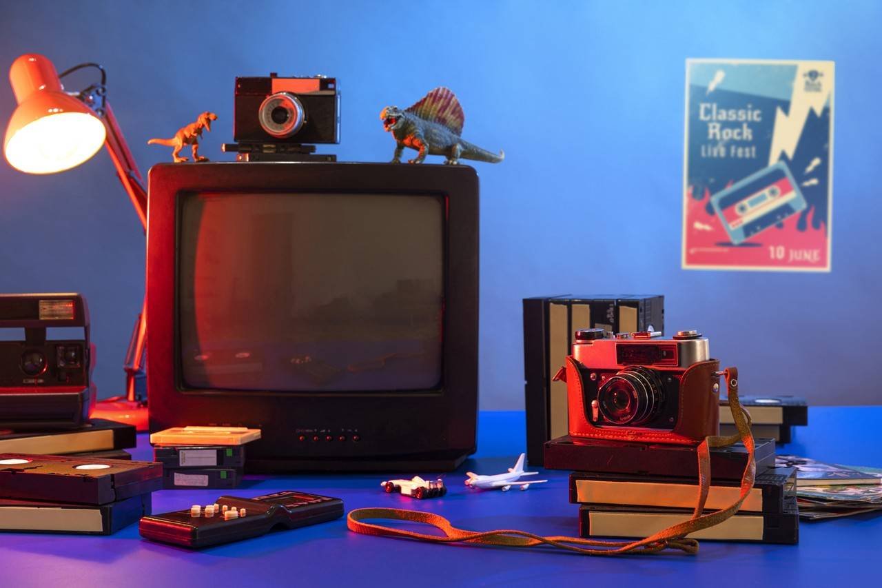 TV retrô cercada de fitas VHS e câmeras antigas