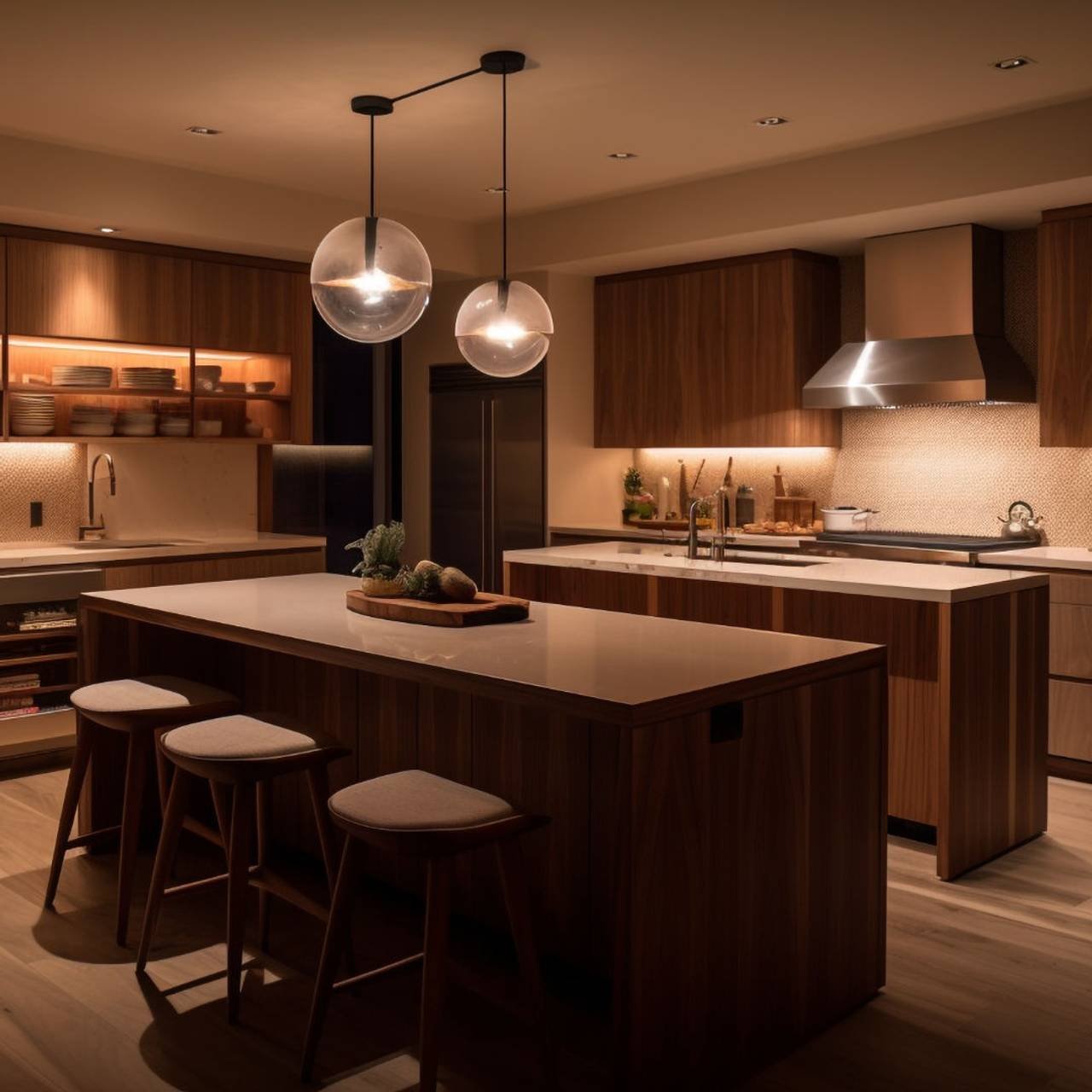 uma cozinha com uma grande ilha com uma luminaria pendurada no teto 