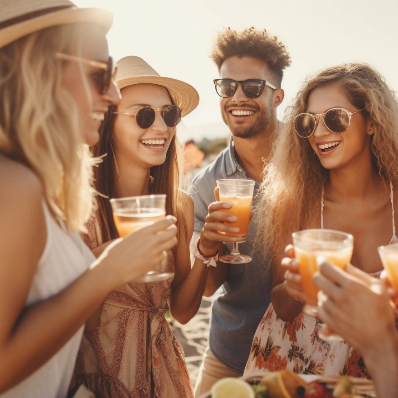Jovens Adultos Vinculam Champanhe no Pôr Do Sol