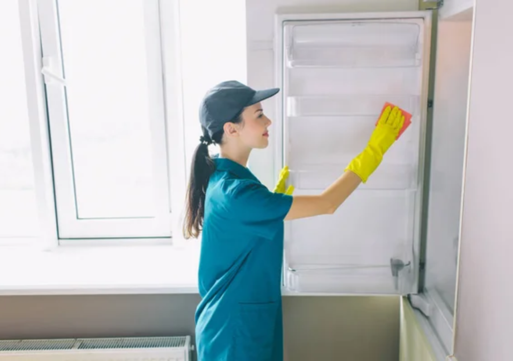 12 Mulher limpa um refrigerador com esponja.